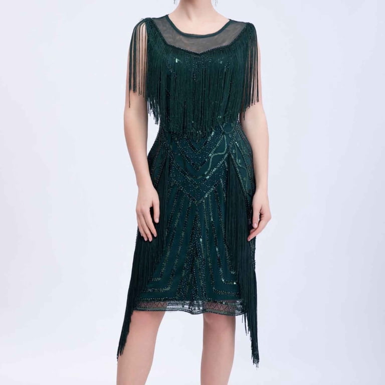 Cavosen Womens Wedding Guest Dresses Midi Green Sequin Tassel Elegant Sleeveless 1920s Dress Round Neck Glitter Fringe Knee Length Dress Flowy Sparkly