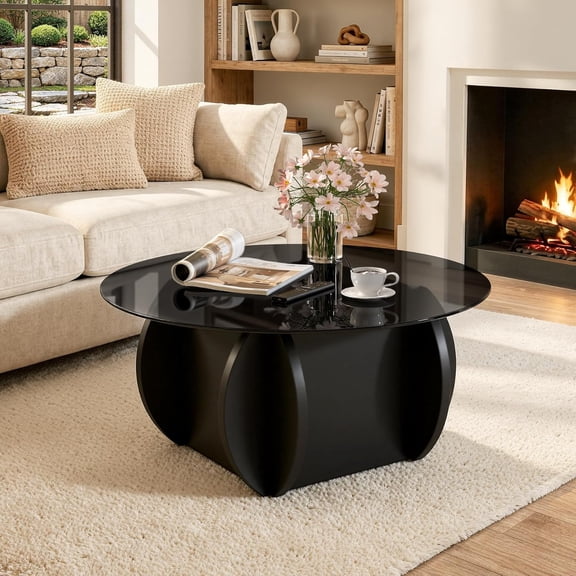 Round Glass Coffee Table, Modern Coffee Table with Glass Top and Wood Base, Minimalist Center Table for Living Room, Small Space Round Coffee Table for Apartment, Office & Lounge, Black