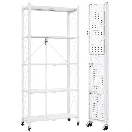 5-Tier Foldable Steel Storage Shelf - Collapsible Shelving Unit with Wheels - for Kitchen, Pantry & Closet"