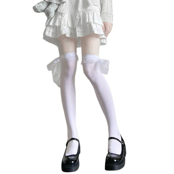 Yoetaun Ribbon Lace Bow Thigh High Stockings Solid Over Knee Long Socks White
