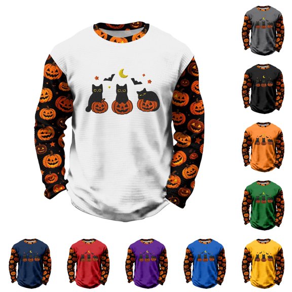 XUANTAOO Halloween T Shirts for Kids Vintage Print White Long Sleeve Ghost Pumpkin Bat Tee Boys Girls Tops Size 10-11 Years