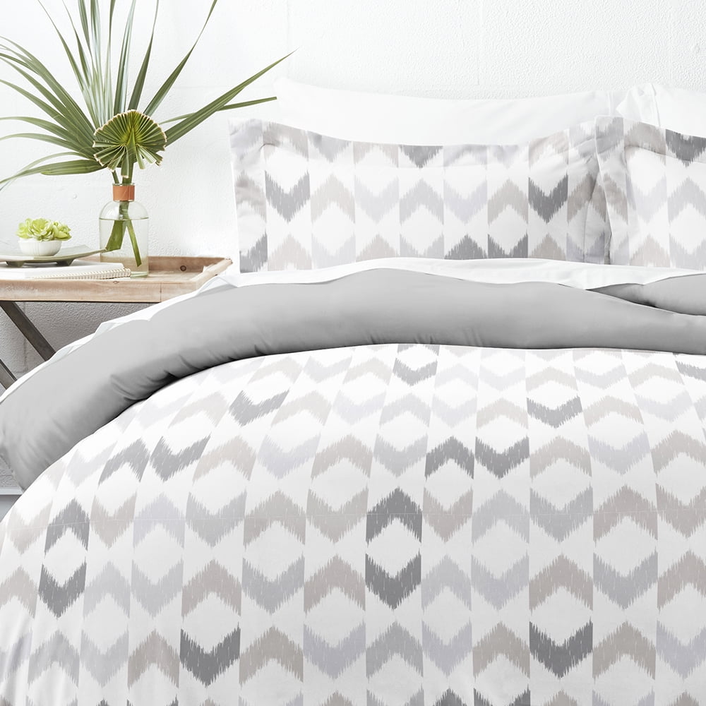 Noble Linens Gray Reversible Chevron Sleep Print 3-Piece Duvet Cover Set, Full/Queen