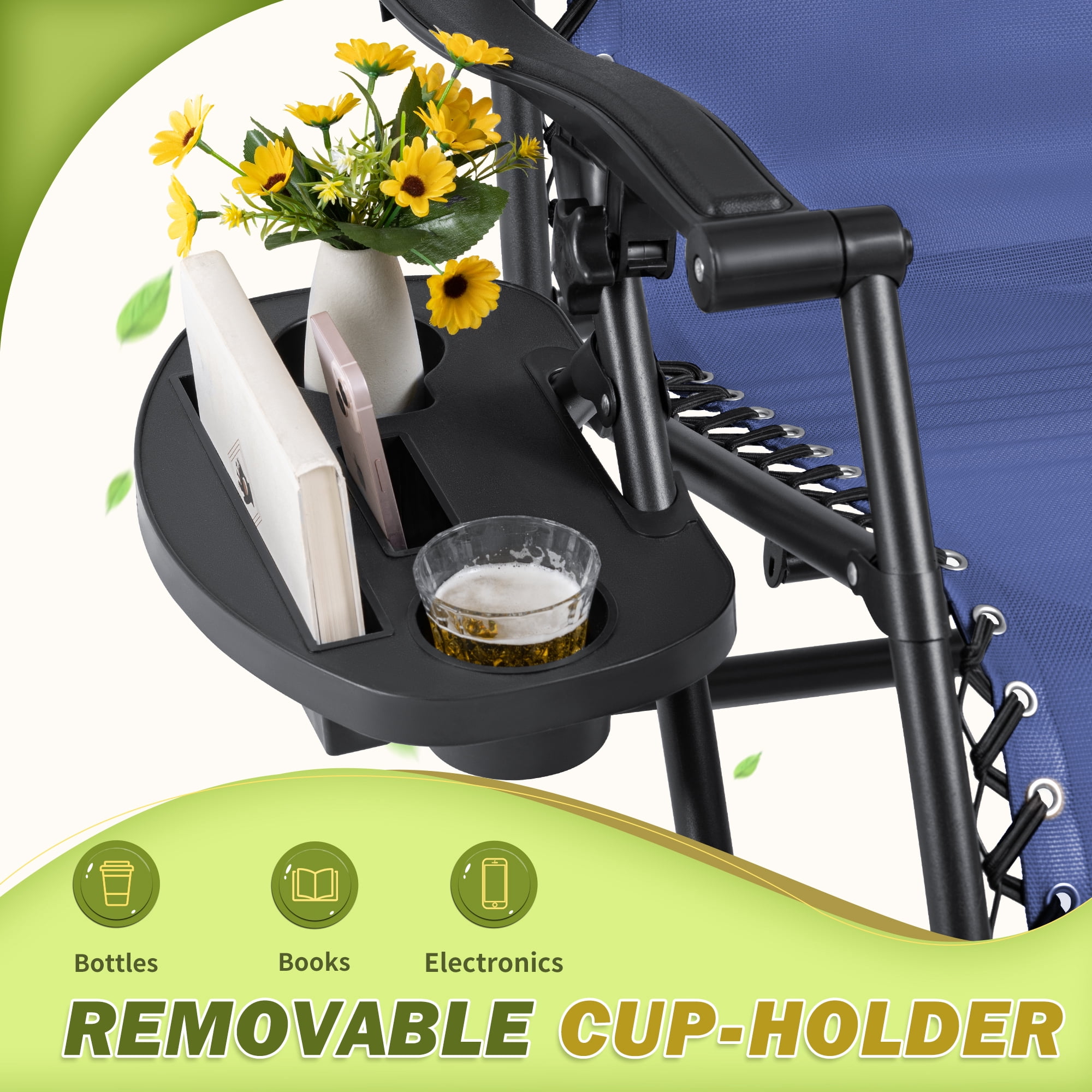 Devoko Adjustable Zero Gravity Chair with Pillow and Cup Holder - Set of 2 Blue