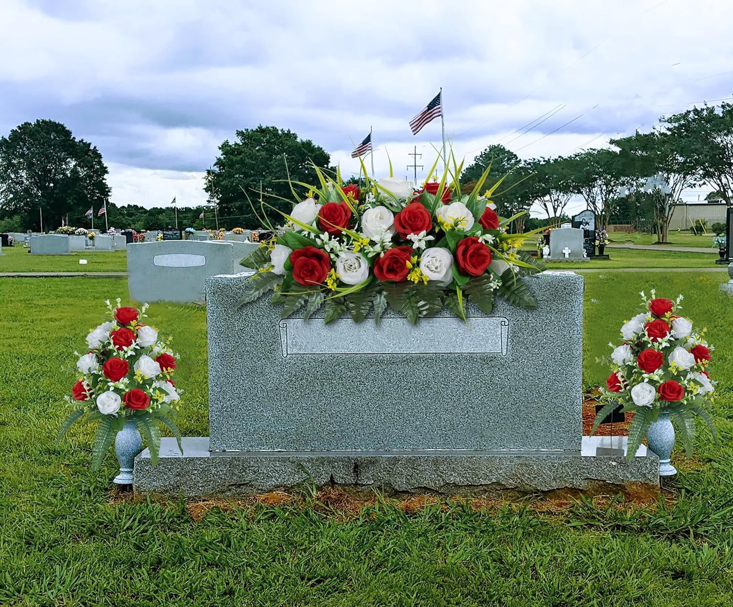 Artificial Cemetery Flowers， Outdoor Grave Decorations Roses，Accompanied by 2 Long Nail Vases，Lasting and Non-Bleed Colors (18 Heads (red, Blue, White))