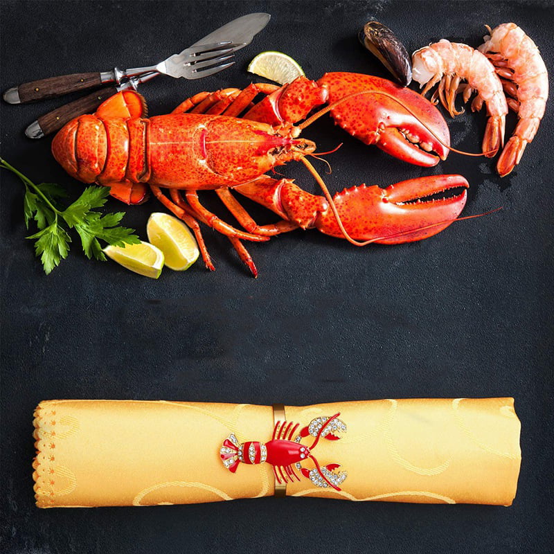 Set of 8 Alloy Lobster Napkin Rings Gold Crayfish Rhinestone Napkin Rings Lobster Enamel Napkin Buckle Table Setting Decor for Coastal Seafood Theme Wedding Parties Carnival Holiday
