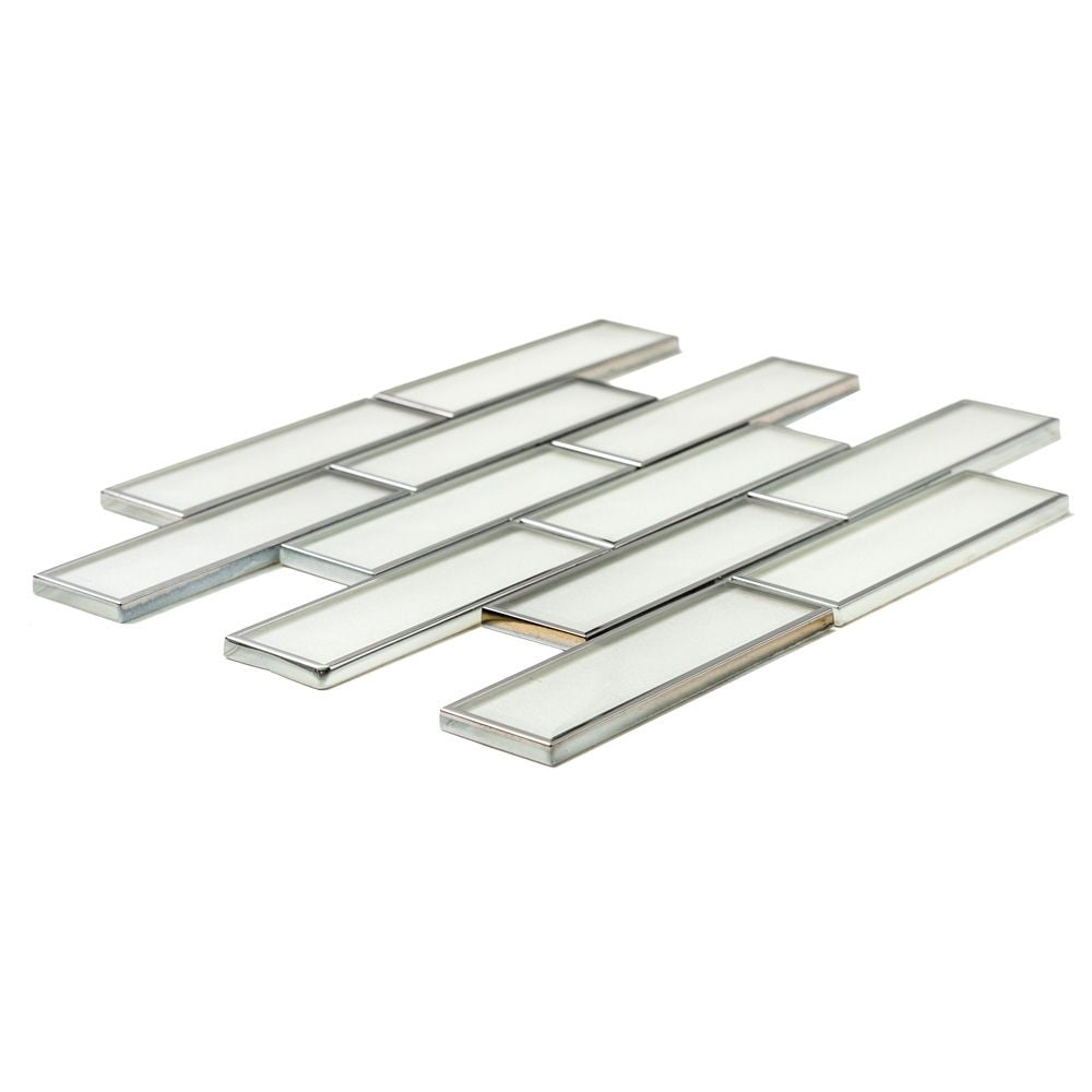 The Tile Life Athena 2" x 6" White/ Silver Glossy Glass Brick Mosaic Tile Sample, 1 Piece