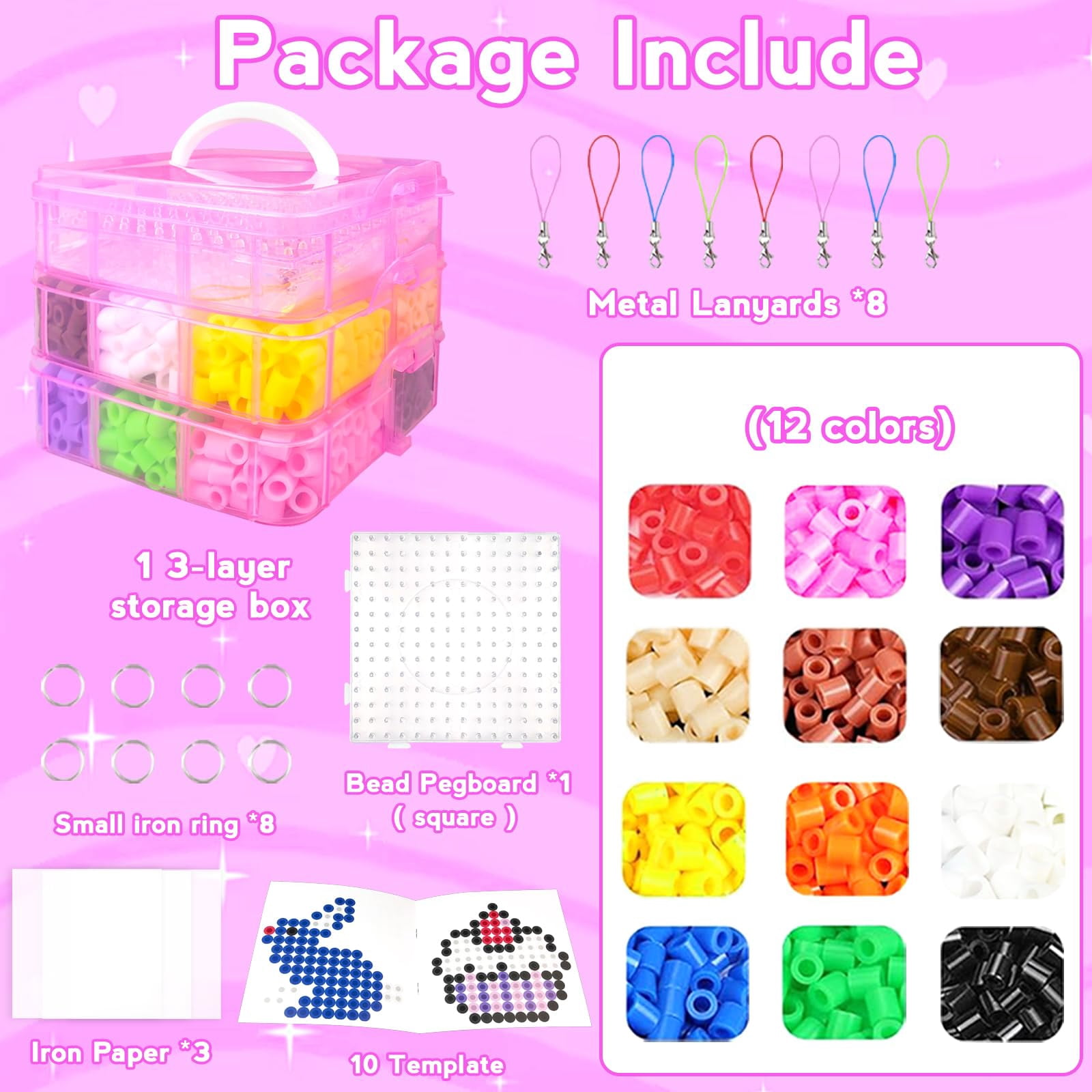 10mm Large Fuse Beads Kit– 12 Colors XL Set with Storage Box, Ironing Papers, Pegboards, Booklet, DIY Art Craft Gift for Girls & Boys Age 3+, for Birthday, Christmas, Available in Blue, Red, or White