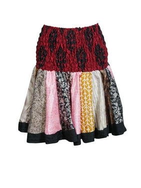 Mogul Colorful Silky Printed Boho Mini Flirty Skirts Full Flare Ruched Waist Flattery Flowy Short Skirts For Womens S/M/L