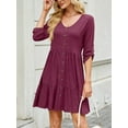 thumbnail image 2 of Fancyglim Womens Dress V Neck Rolled Long Sleeve Button Casual Ruffle Aline Swing Dresses Burgundy M, 2 of 6