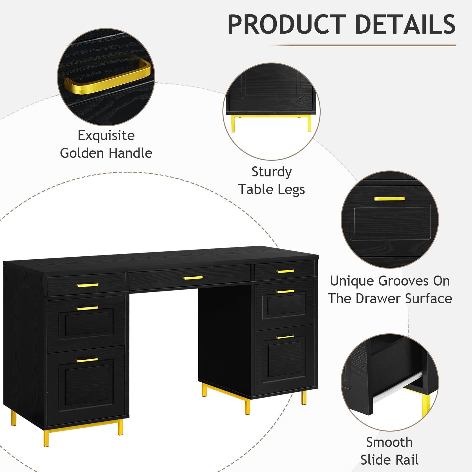 DreamCurship Computer Desk with Drawers, 57" Executive Desk with File Drawers, Home Office Desk with Storage, Black