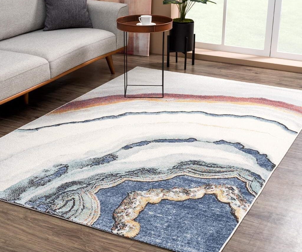 LaDole Rugs Turquoise Blue Ivory Red Marble Pattern Lava Modern