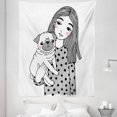 thumbnail image 1 of Pug Tapestry, Girl Holding Her Pug Sad Looking Animal Affection Between a Pet and Owner Image, Fabric Wall Hanging Decor for Bedroom Living Room Dorm, 5 Sizes, Black Grey White, by Ambesonne, 1 of 1