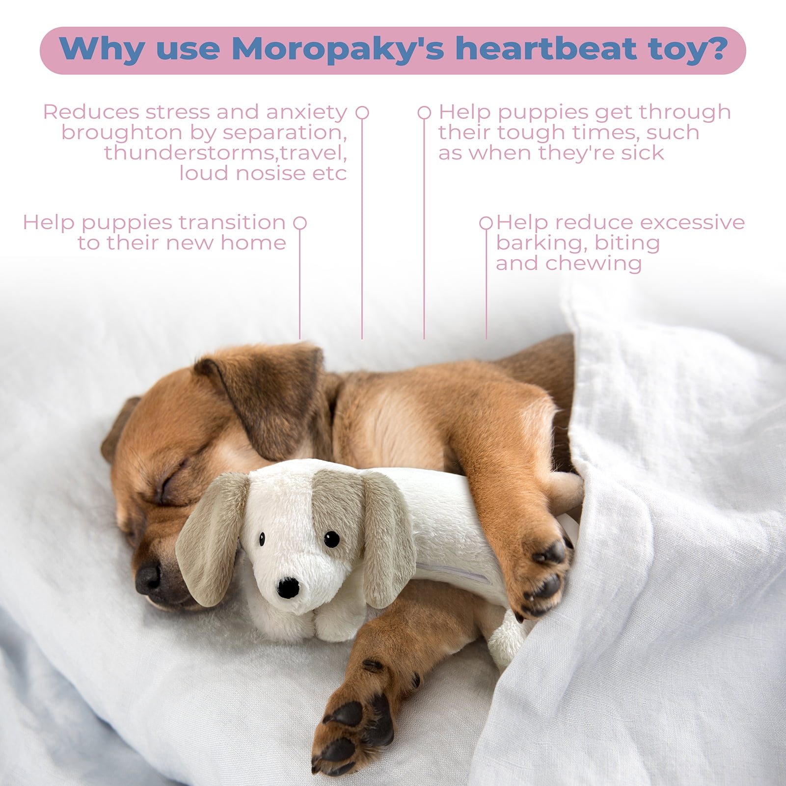 Heartbeat Puppy Toy for Dogs, Heartbeat Stuffed Animal for Anxiety Relief Calming Aid, Heartbeat Stuffed Toy for Behavioral Aid Crate Kennel Training, Puppy Essentials White
