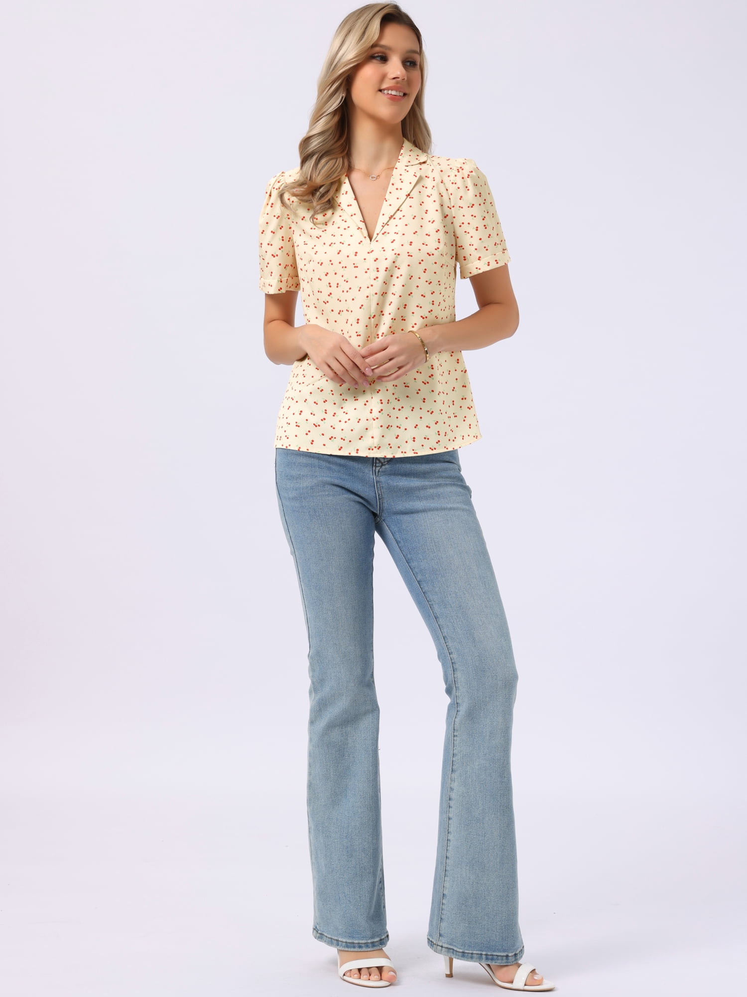 DARING DIVA Women's Floral Short Sleeve V Neck Blouses XS Apricot