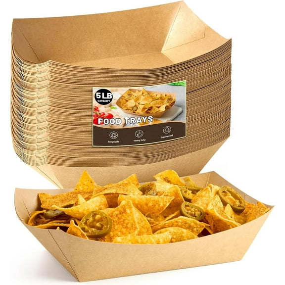 5 LB Extra Large Paper Food Trays, 50 Pack Disposable Nacho Trays Kraft Paper Food Boats Party Serving Baskets for Sandwiches Burgers Popcorns Snacks