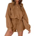 thumbnail image 1 of Conjuntos de Dos Piezas para Mujer, Otoño 2025, con Mangas Murciélago Extragrandes, Top y Pantalones Cortos Informales, Chándal. Color Caramelo M, 1 of 10