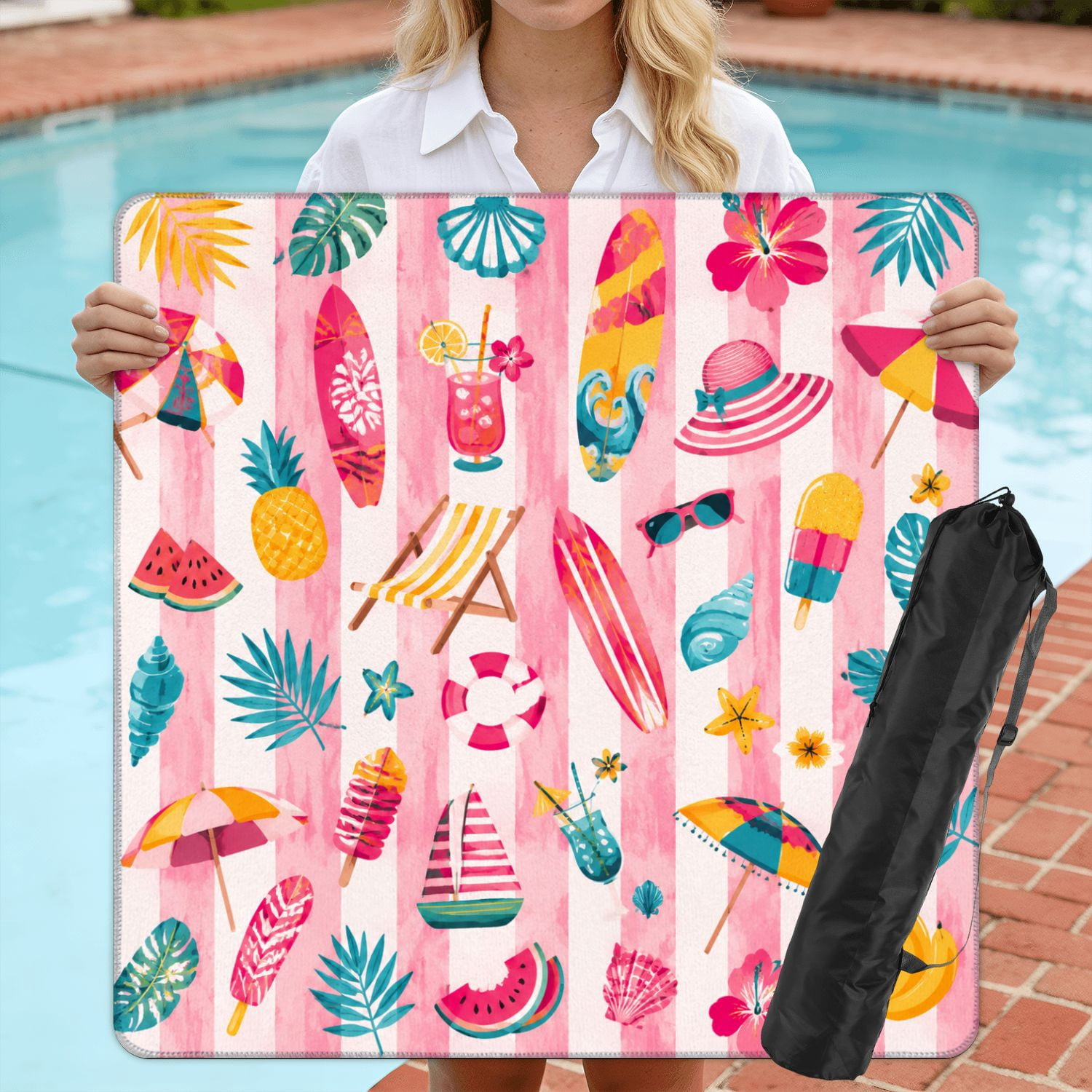 Mahjong Mat 31.5" x 31.5" Colorful Tropical Seashells Flowers Fish Frog Pink Stripes Non-Slip Noise Reduction American Mahjong Tiles Table Cover for Dominoes Poker Card Board Games Gift
