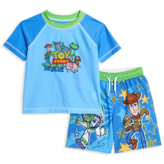 Disney Pixar Toy Story Alien Buzz Lightyear Toddler Boys Rash Guard and Swim Trunks Outfit Set Light Blue 2T