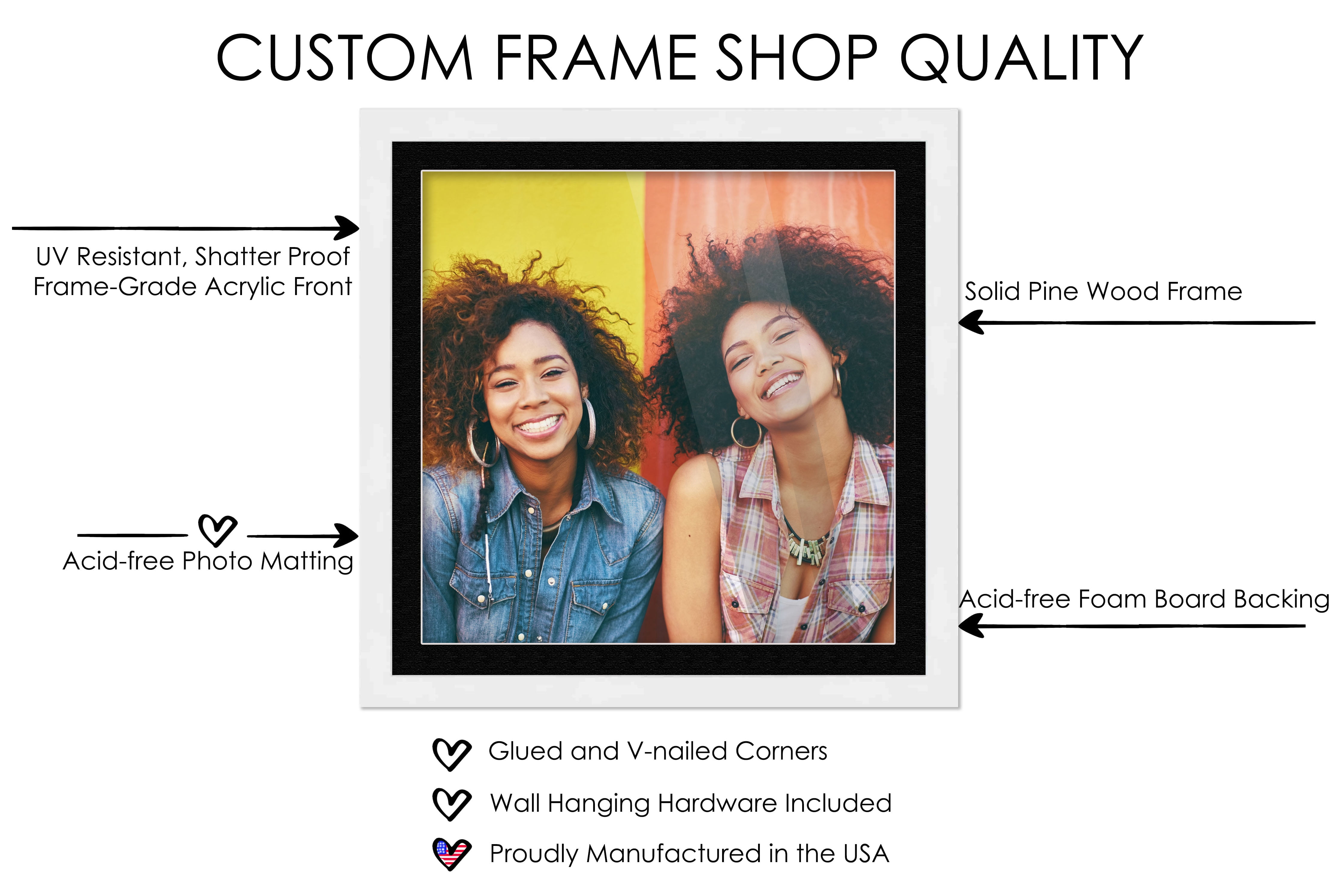 12x12 Frame with Mat - White 15x15 Frame Wood Made to Display Print or Poster Measuring 12 x 12 Inches with White Photo Mat