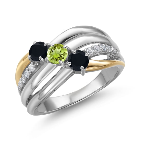 Gem Stone King 925 Silver and 10K Yellow Gold Black Onyx and Green Peridot and Lab Grown Diamond Engagement Ring for Women | 0.89 Cttw | Round 4MM | December Birthstone | Size 7