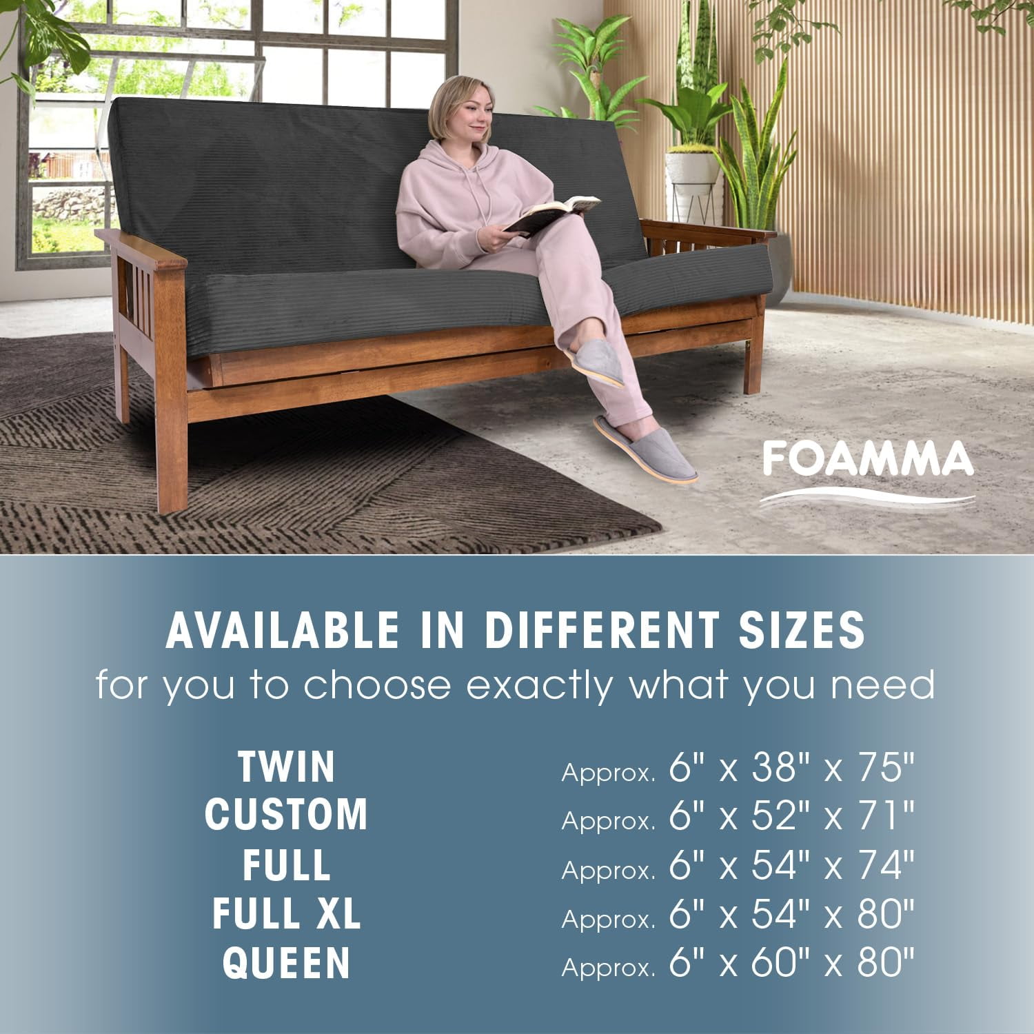 Foamma Memory Foam Futon Mattress, Double-Sided Foldout Couch Futon Mattress - Queen (Charcoal) - Comfortable and Heavy Duty Sofa Bed, Thick Corded Cushion for All (Frame NOT Included)