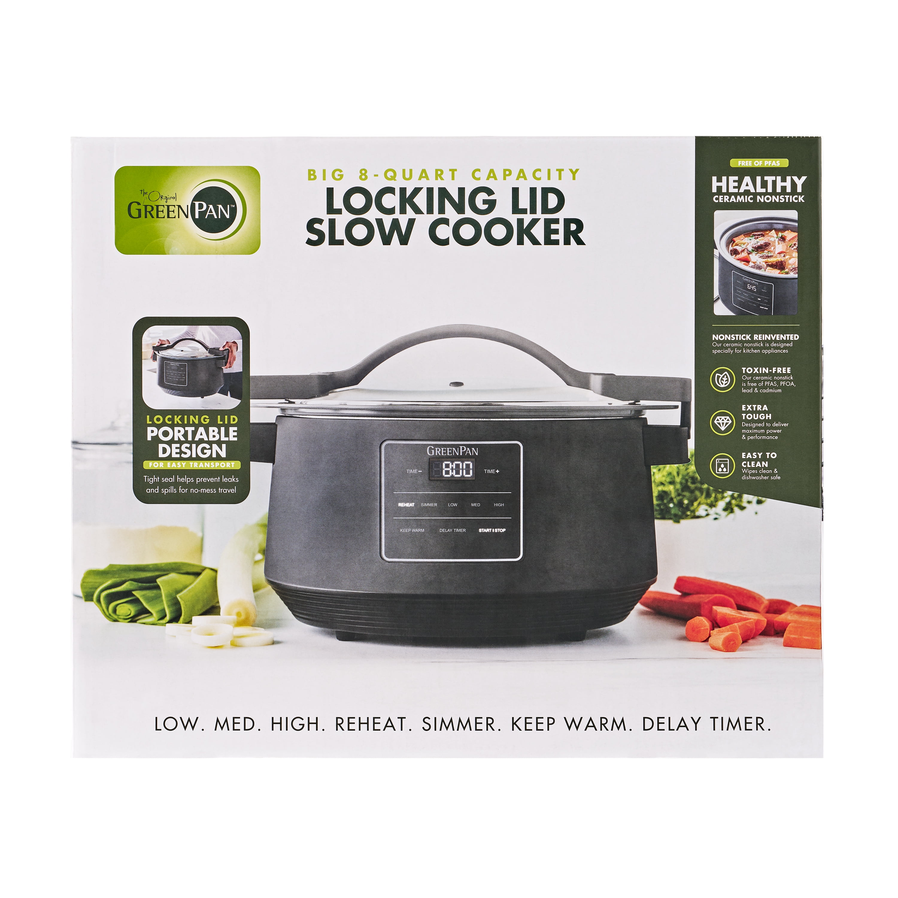 GreenPan 8 Quart Locking Lid Slow Cooker, Healthy Ceramic Nonstick, Graphite