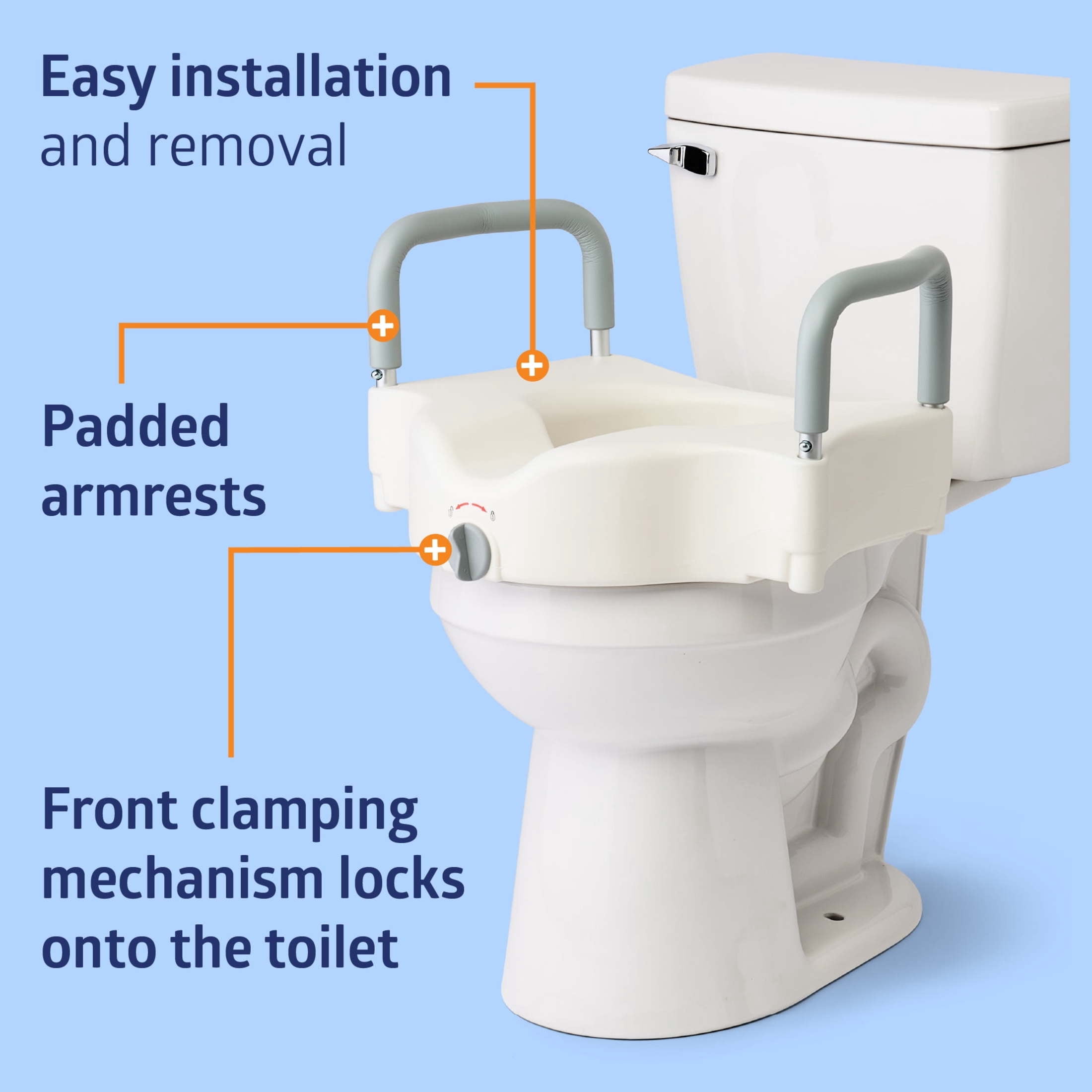 Medline 5 in Standard Raised Toilet Seat, with Lock and Padded Arms, White