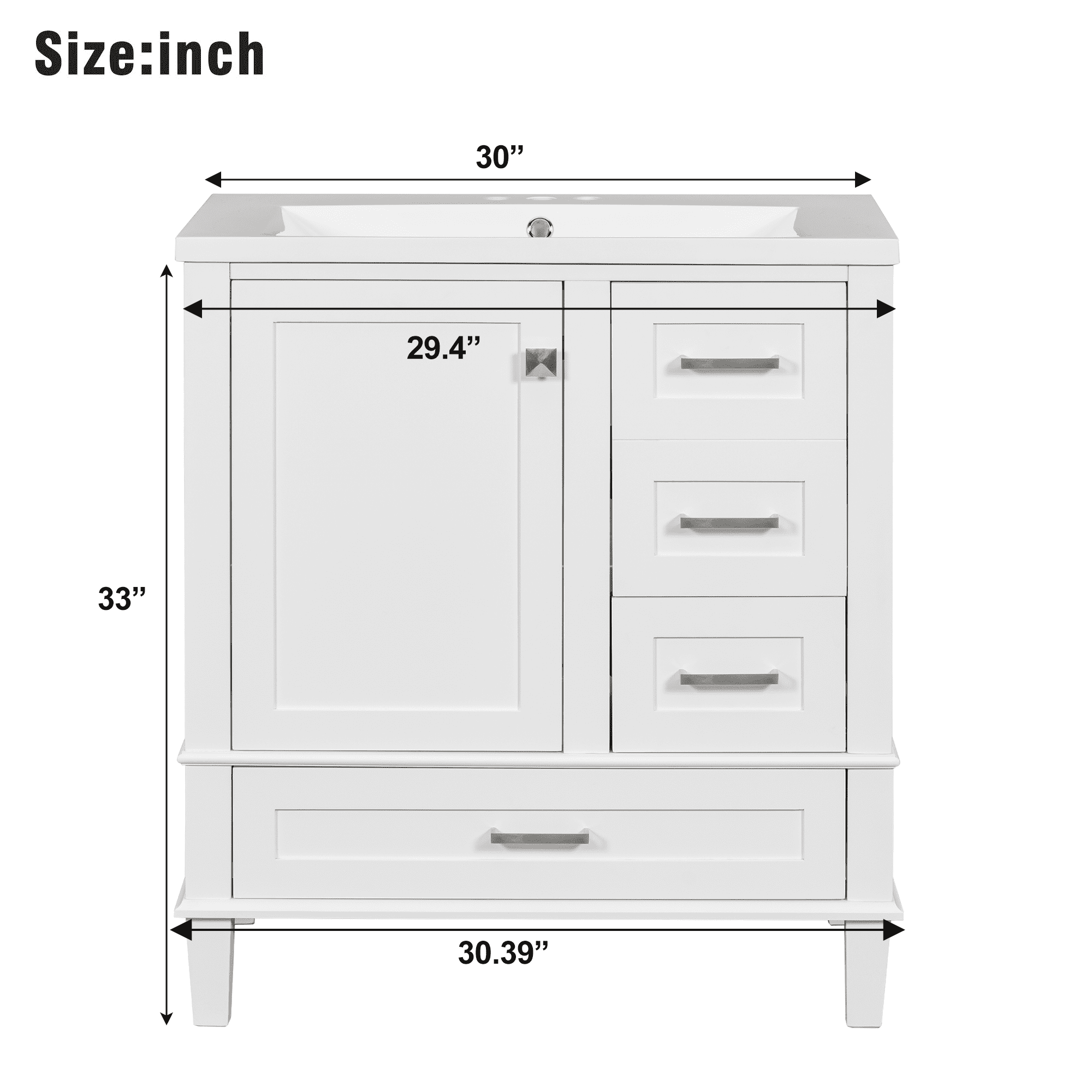 Royard Oaktree 30" Bathroom Vanity w/Resin Sink, Modern Bathroom Cabinet w/Soft Closing Door & 3 Drawers