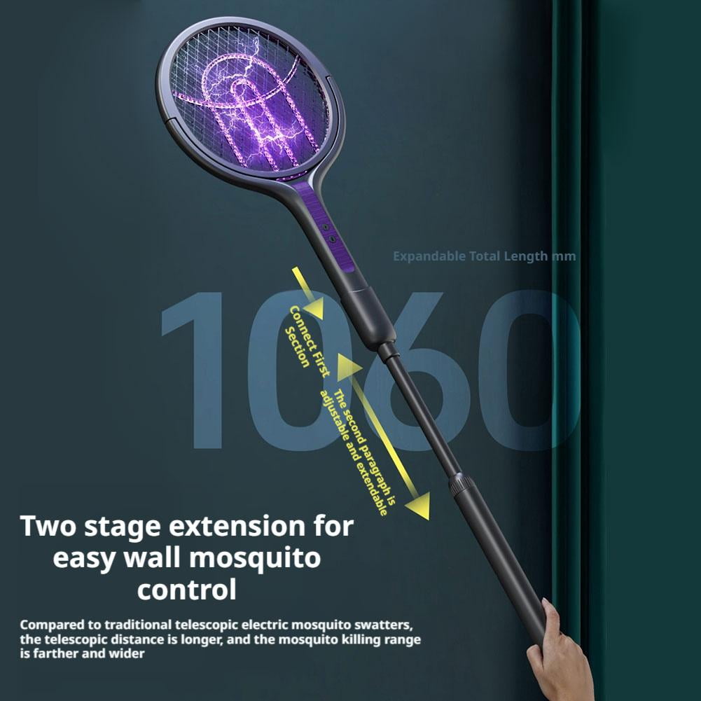 2-in-1 Telescopic Electric Fly Swatter with 90° Rotating Head, 2800V High Voltage Bug Zapper with Extension Pole, Rechargeable Mosquito Killer Lamp for High Ceilings