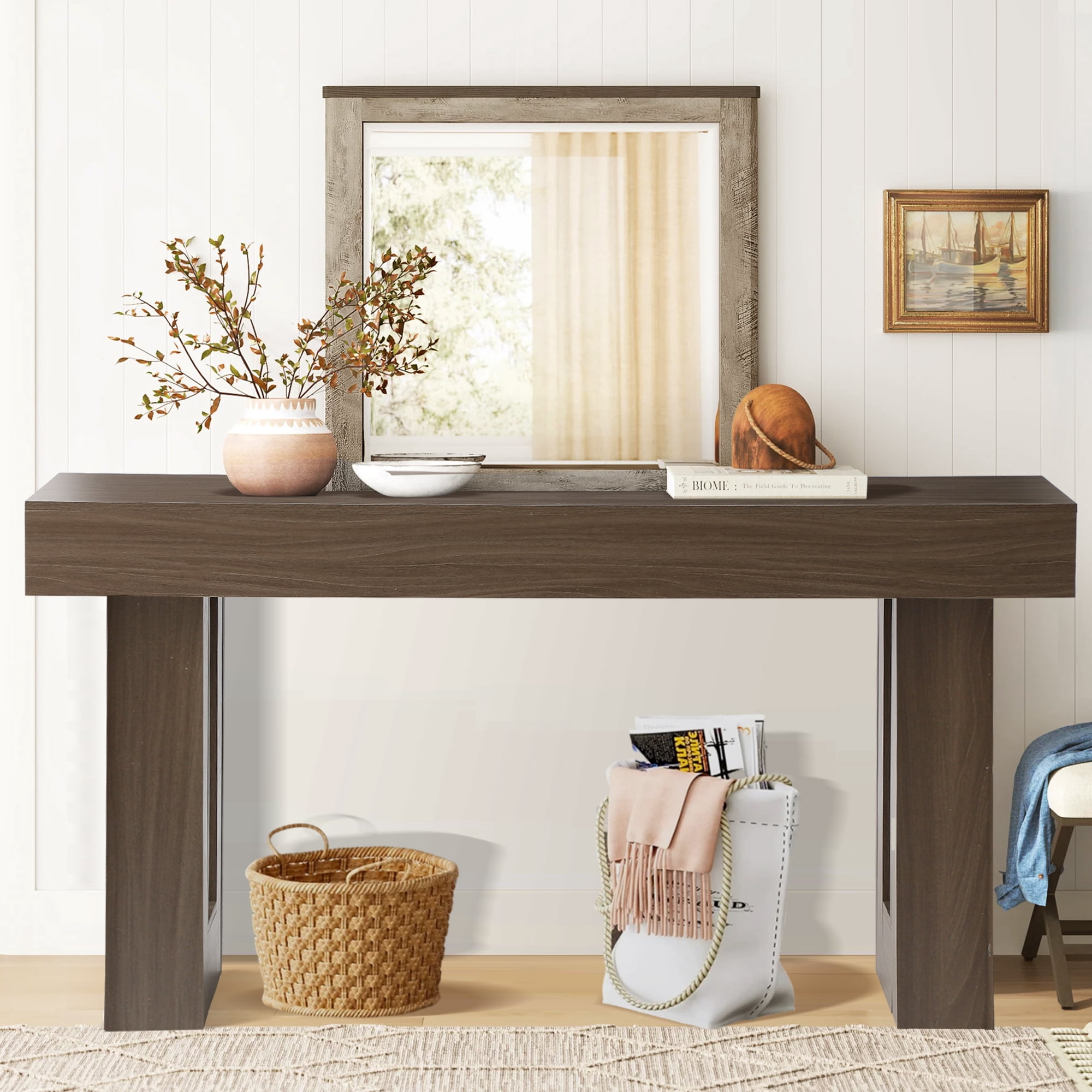 Magic Union 63" Long Console Table for Entryway, Wood Rectangular Sofa Table Behind Couch with 2-tier Open Storage and Weighted Base, Foyer Accent Tables for Entryway, Hallway, Living Room