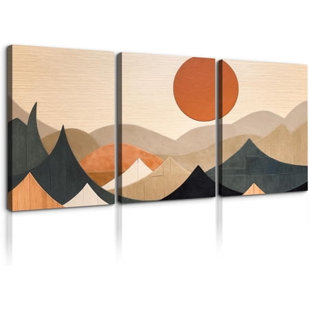 Boho Mountain Canvas Wall Art for Home Decor - Abstract Sun Mountain Forest Nature Scenery Picture Print On Canvas, Bohemian Paintings for Wall HD Giclee Ready to Hang (12x16inch, Set of 3)