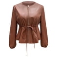 thumbnail image 1 of Veste en Cuir pour Femmes, Veste Courte et Raccourcie en Cuir pour Femmes à Col Rond avec Ceinture à la Taille à Cordon, Texture, Coupe Ajustée, Manteau à Manches Longues Polyvalent pour Tenues Décontractées Quotidiennes (b Brown,m), 1 of 4