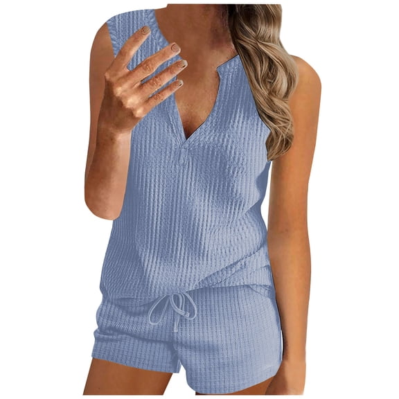 UAMVSH Two Piece Sets for Women V Neck Knit Tank Top with Drawstring Shorts Matching Lounge Sets Sleeveless Airport Travel Outfit