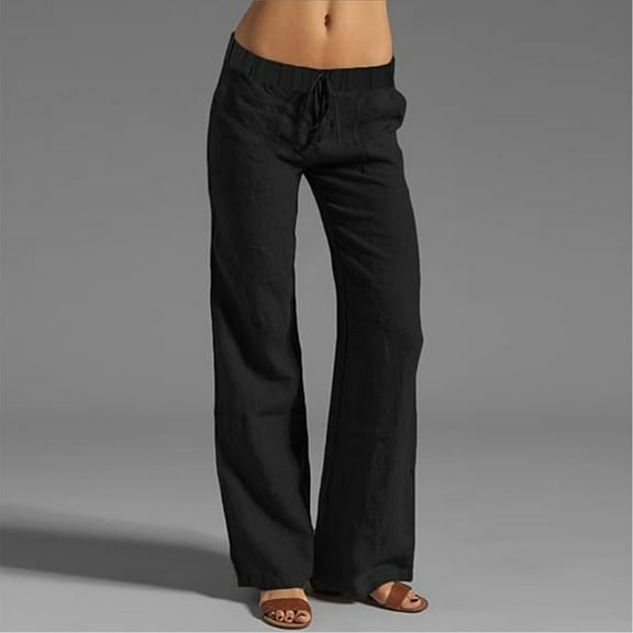 Black Linen Pants Women Linen Pants Women Casual Straight Leg Elastic Waisted Drawstring Pants Comfy Solid Long Trousers with Pockets Pants for Women