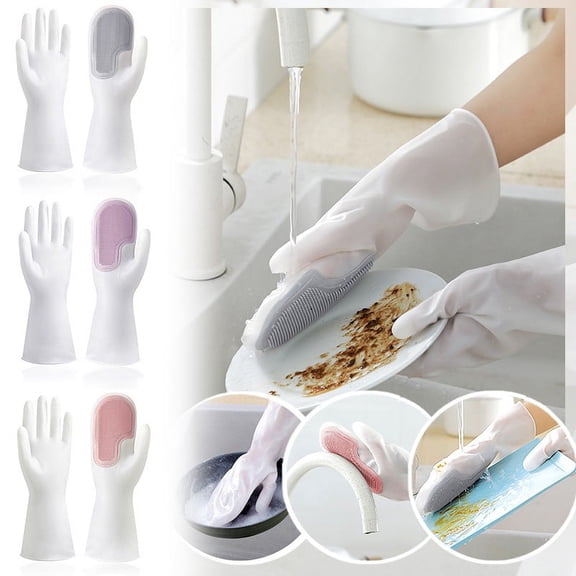 1-Pair Silicone Scrubber Dish Washing Gloves, Cleaning Brush Mitts for Kitchen Bathroom Car and Pet Care, Non-Slip Hand Protectors