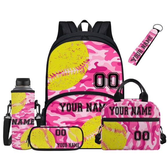 FUIALDOLG 5 Pcs Kids Softball Pink Backpack with Lunch Box for Girls Camouflage School Bookbag Set Custom Backpacks with Name and Number Insulated Lunch Bag Pen Case for Elementary School