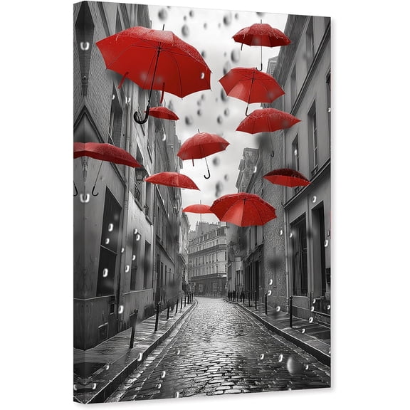 ZHONGYUTONG Red Umbrella Canvas Wall Art Black White Paris Street Pictures Romantic Painting Modern Print for Bedroom Decor Framed (12.00" x 18.00")