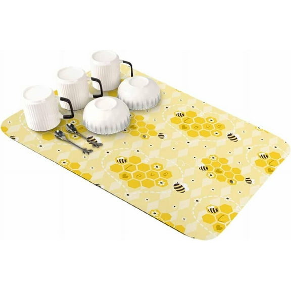 Yellow Bee Dish Drying Mat for Kitchen Counter, Super Absorbent Quick Dry Coffee Bar Mat Pad Thin Diatomaceous Sink Mat Non Slip Dish Drainer Mat 16''''x18'''' Geometric Floral Print