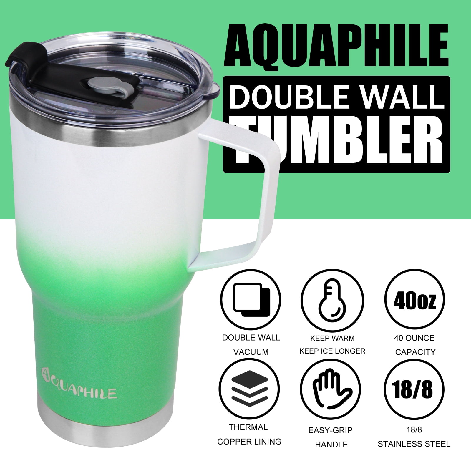 AQUAPHILE 40oz Tumbler with Handle, Double Walled Insulated Coffee