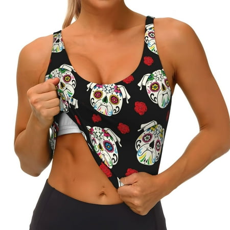 Qokaie PUG Pattern Womens Scoop Neck Sports Bra Breathable Workout Vest Padded U Back Medium Impact Fitness Gym Yoga Bra Workout Crop Top
