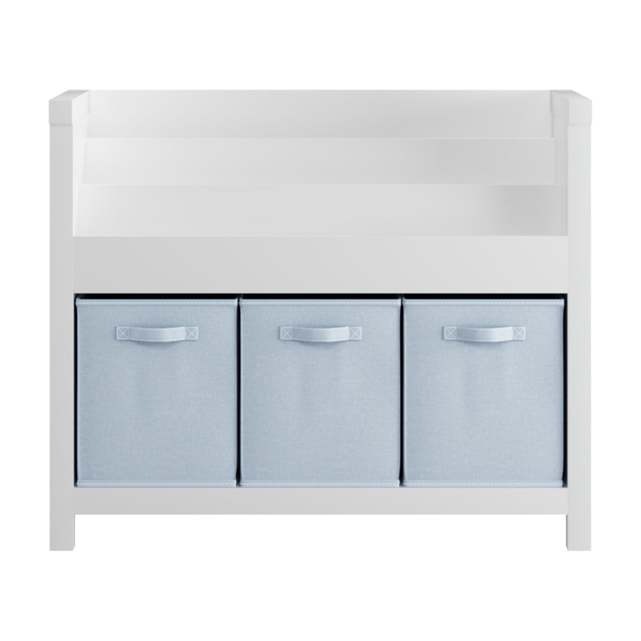 Noble House 35.43" Kids Bookshelf with 3 Tier Front-Facing Shelves and 3 Fabric Bins, Wooden Book Organizer, White