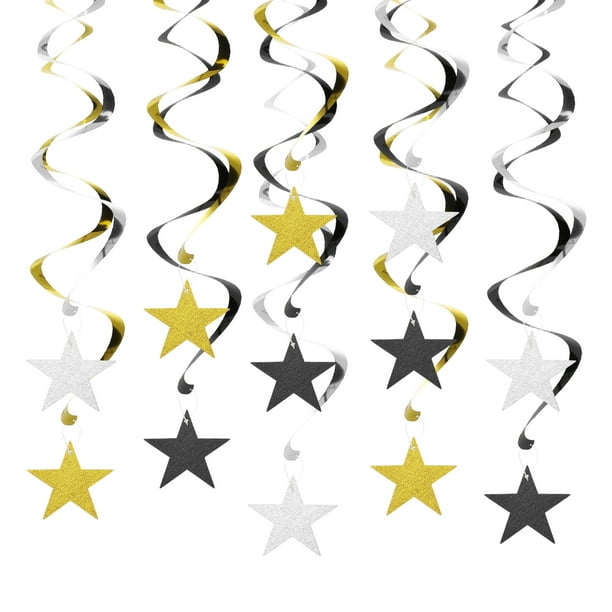 12pcs Decoraciones de Estrellas Colgantes, Decoraciones Colgantes de Estrella de 27 pulgadas Suministros de Fiesta Brillantes para Boda Fiesta de Cumpleaños Graduación Techo, Dorado Plateado Negro