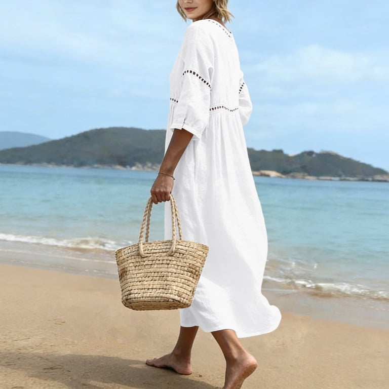 designer holiday dress IROINNID Summer 3/4 Sleeve Linen Dress, Womens V Neck Designer Casual Dress,  Loose Fit Breathable Midi Dress, Casual Everyday Holiday Dress