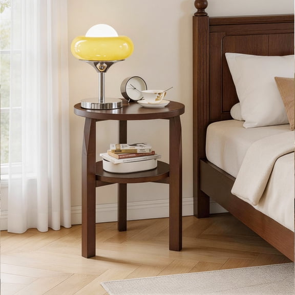 Noble House Round End Table with 2-Tier Storage Shelf, Side Table for Living Room or Bedroom, Walnut