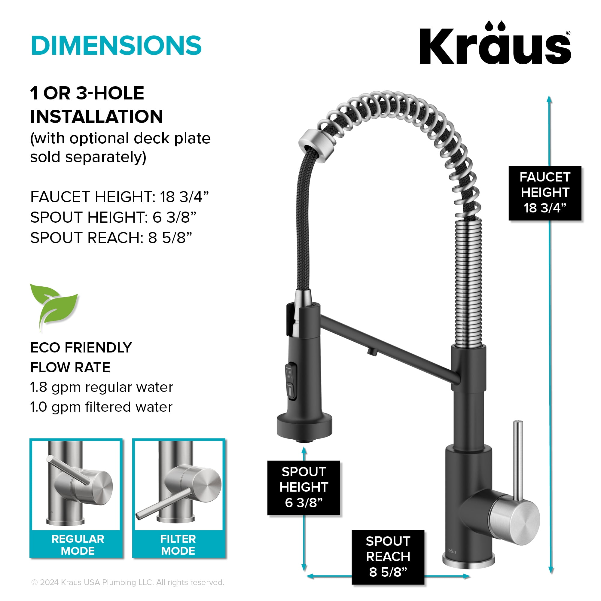 KRAUS Bolden 2-in-1 Commercial Style Pull Down Single Handle Water Filter Kitchen Faucet for Reverse Osmosis or Water Filtration System in Spot-Free Stainless Steel / Matte Black
