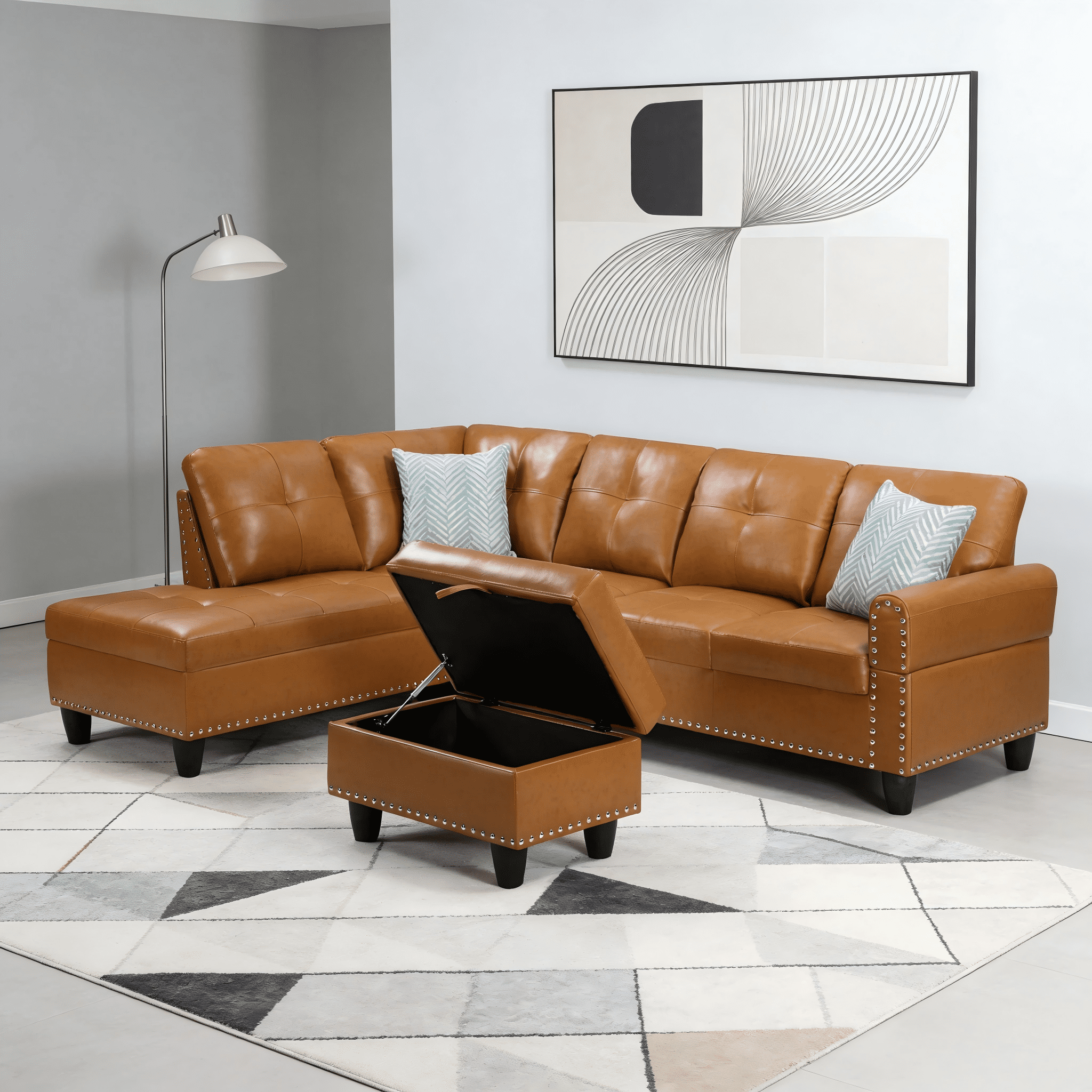 Gewnee 3-Piece L-Shaped Sectional Sofa with Chaise, Storage Ottoman, Cup Holders, 4-Seat, Faux Leather,Black