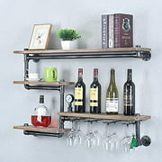 Industrial Pipe Shelf Wine Racks with 4 Stem Glass Holder,Rustic Metal Floating Bar Shelves Wall Mounted,Steampunk Pipe Shelving Kitchen Wine Holder,39.37in Farmhouse Wood Shelves Wall Shelf