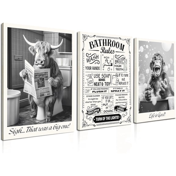 Induslyfe Framed Funny Animal Wall Art Canvas Decor Set of 3, Animal Bathroom rules Wall Art Framed Prints, Masuline highland cow Art, Toilet rules Aesthetic wall art for bathrooom 12x16