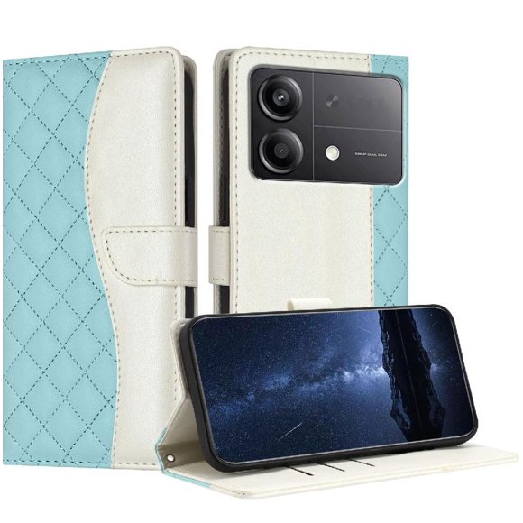 Quilted Wallet Case for Xiaomi POCO X6 NEO with RFID Blocking Slots & Wrist Strap Stand Cover Green