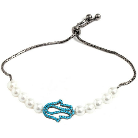 Pori Jewelers Freshwater Pearl and CZ 18kt Gold-Plated Sterling Silver Turquoise Hamsa Friendship Bolo Adjustable Bracelet
